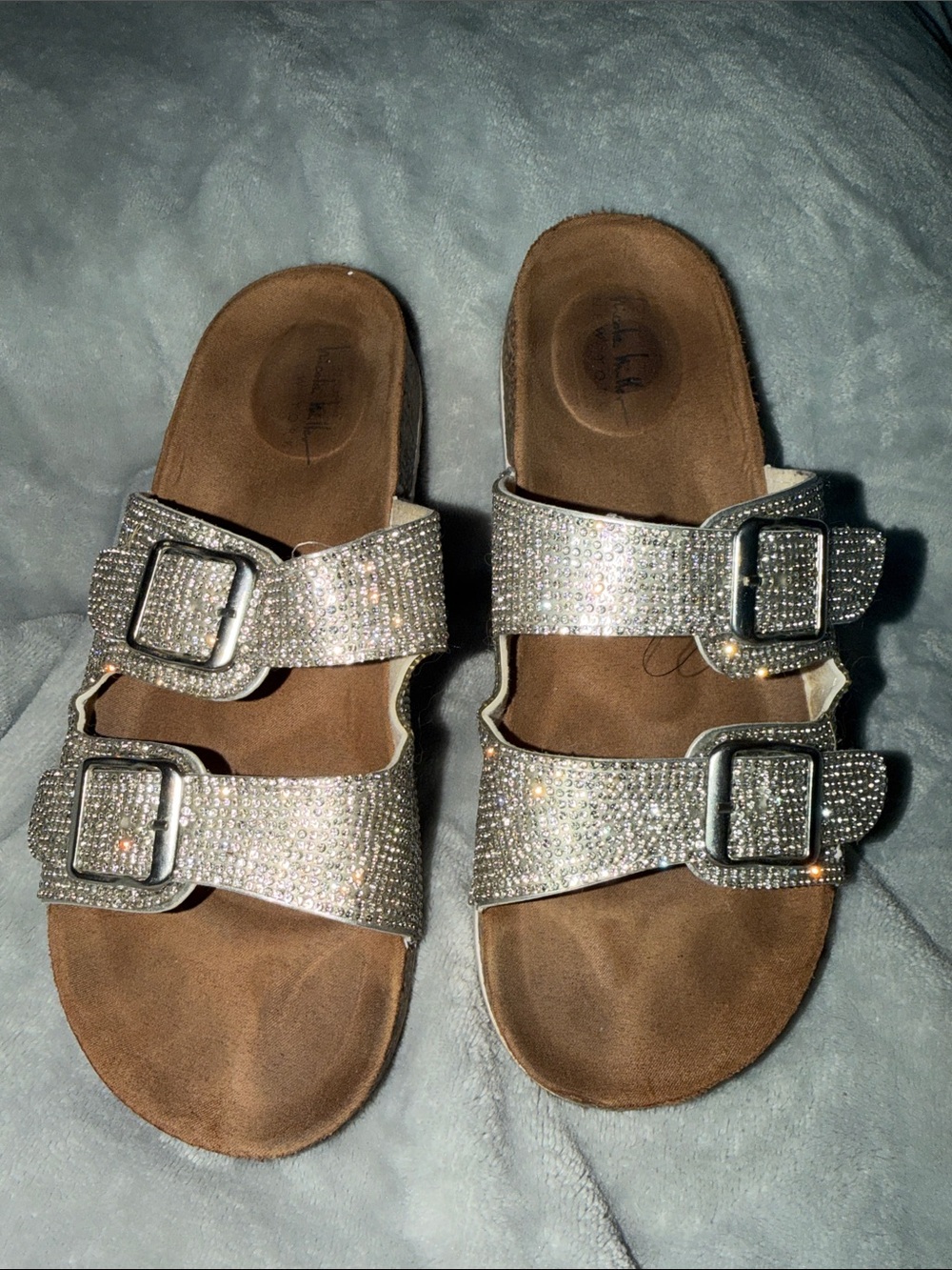 Sparkling Double-Buckle Slide Sandals in Silver